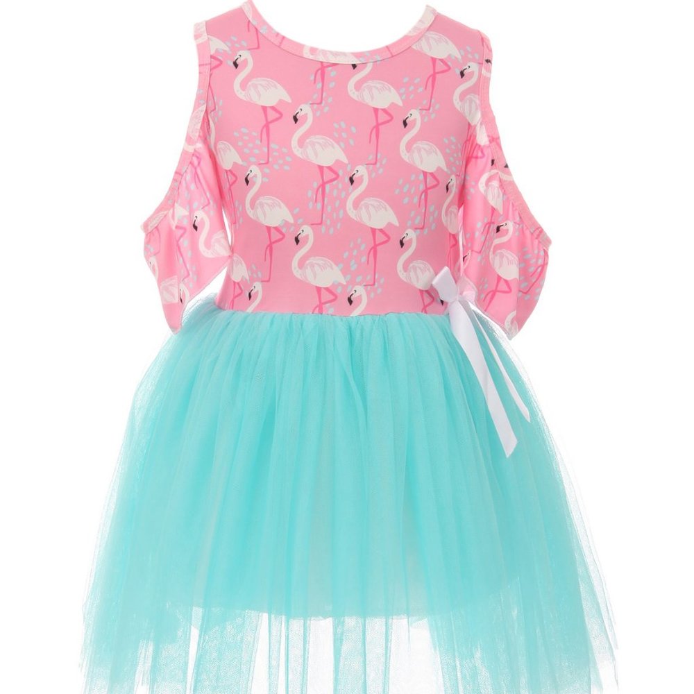 Little Girls Toddler Kids Flemingo Tulle Tutu Cold Shoulder Girl Dress Skirt New